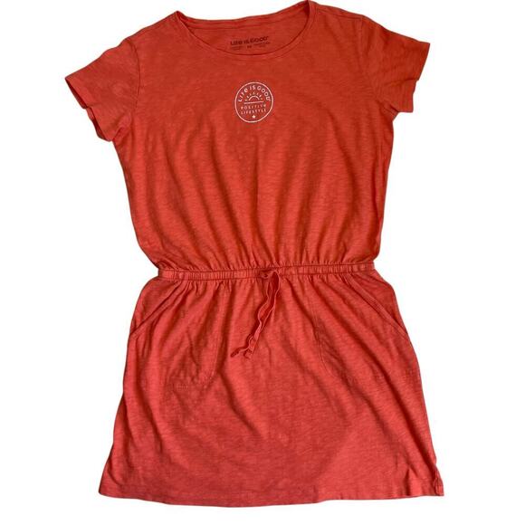 Life is Good Sz M Short Sleeve Textured Slub Cotton Mini Dress Orange Rising Sun - Picture 7 of 16